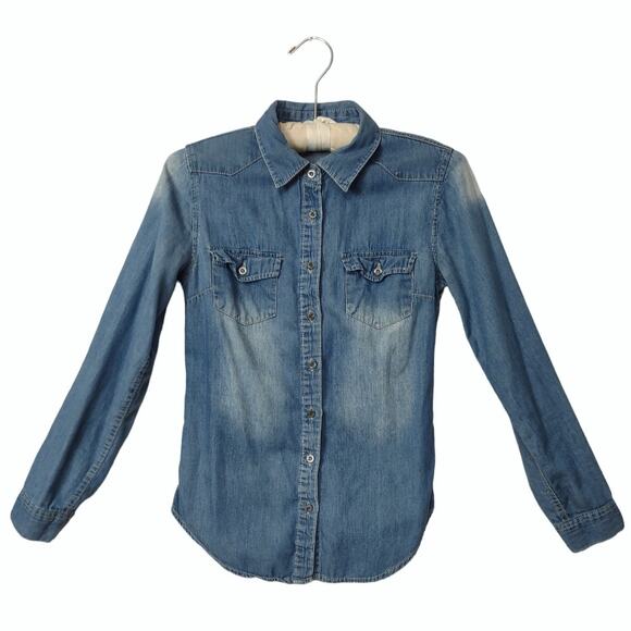 NOBLE U Long Sleeve Denim Shirt Button Down Chambray Jean Top Size S Cowboy - Picture 2 of 11